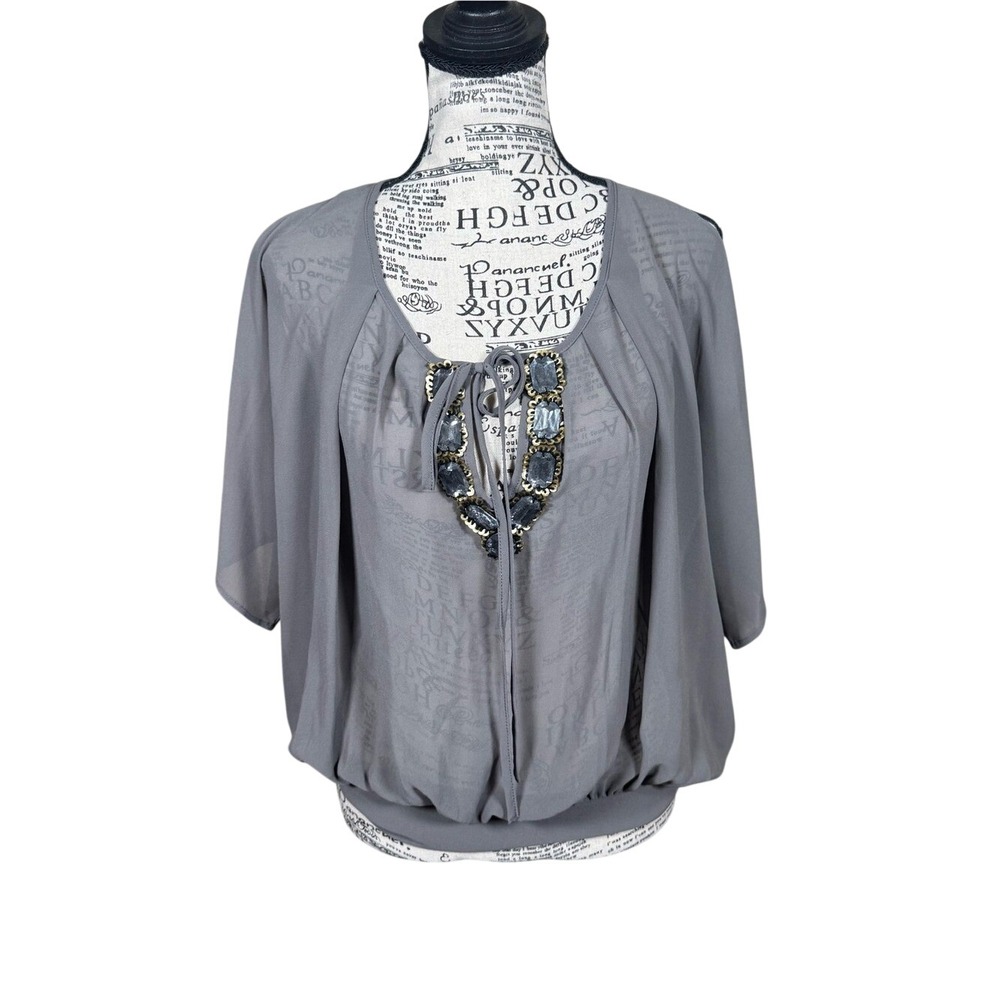 Cache Gray Jeweled Neck Blouse